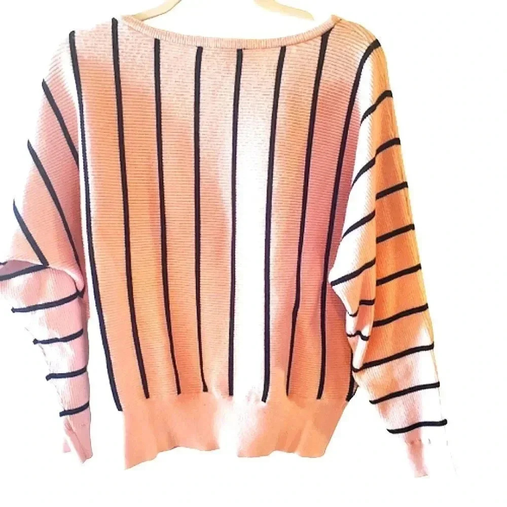 Catherine Malandrino pink and black striped crew neck sweater Size Medium - Picture 2 of 3